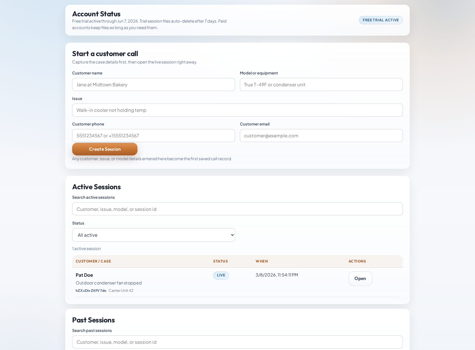 ServiceCam dashboard intake preview