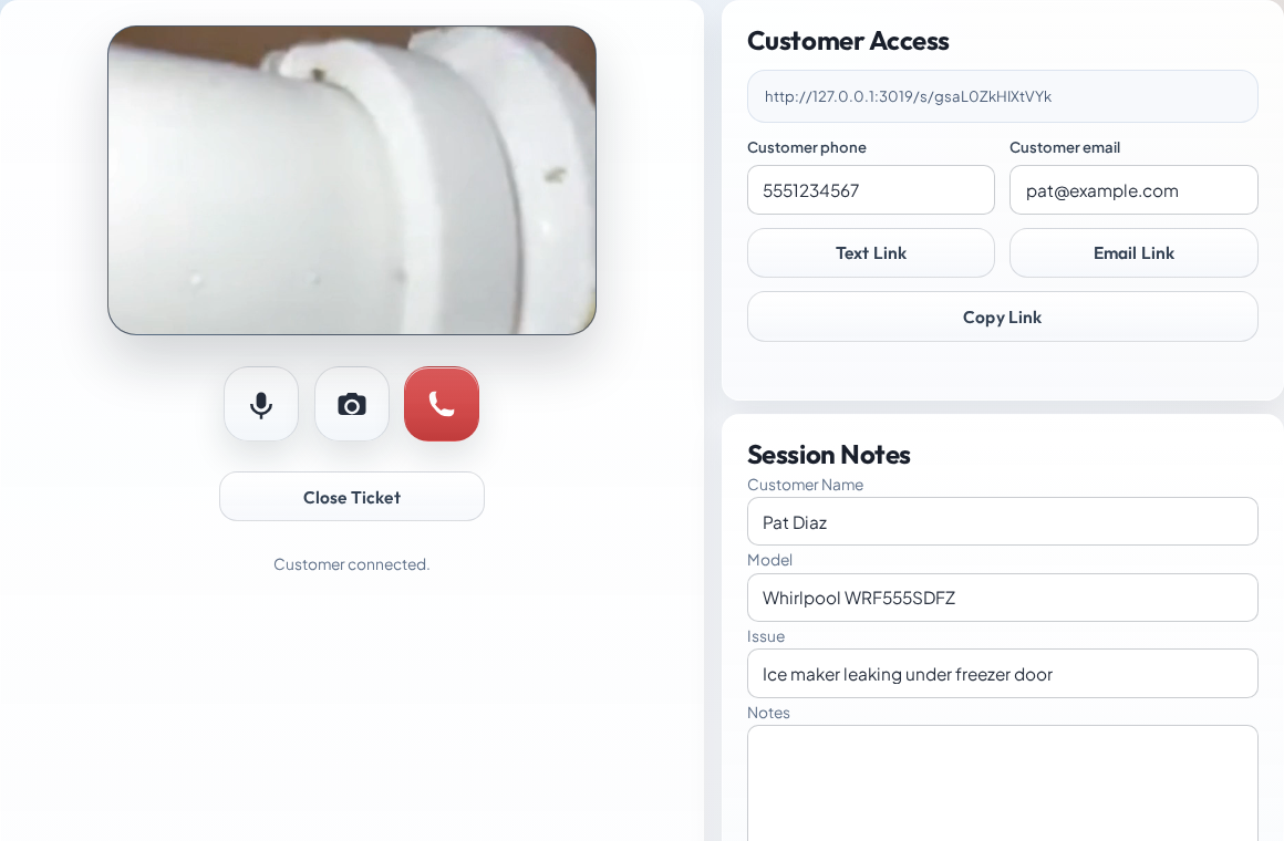 ServiceCam live ticket workspace preview